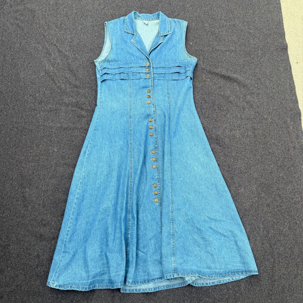 Women's Vintage 90's Light Blue Jean Denim Button Down Maxi Dress Sz Large USA